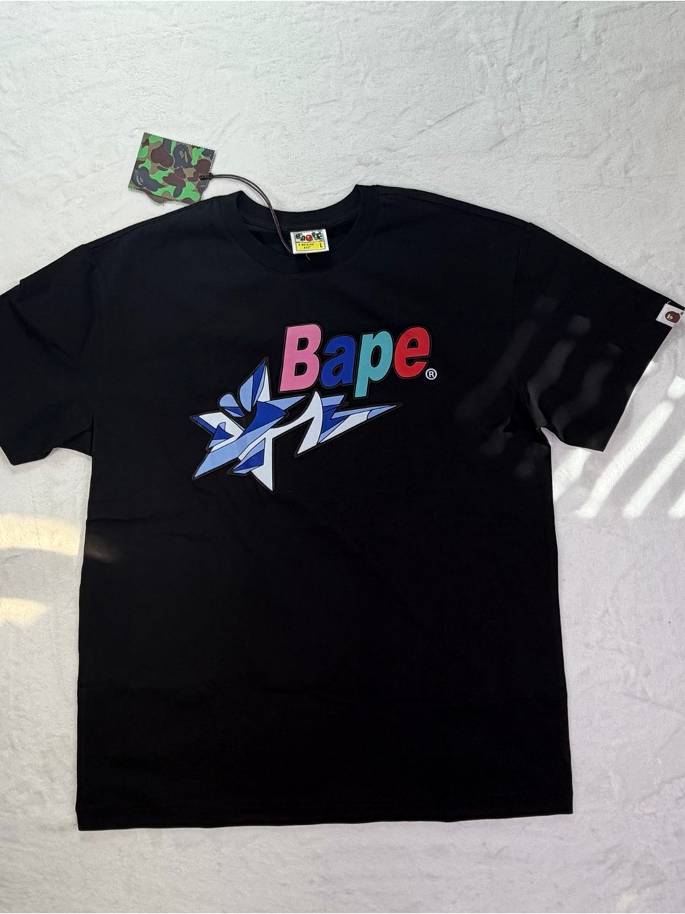 Bape Black Short-Sleeve Tee with Pink, Blue and Red Size Large